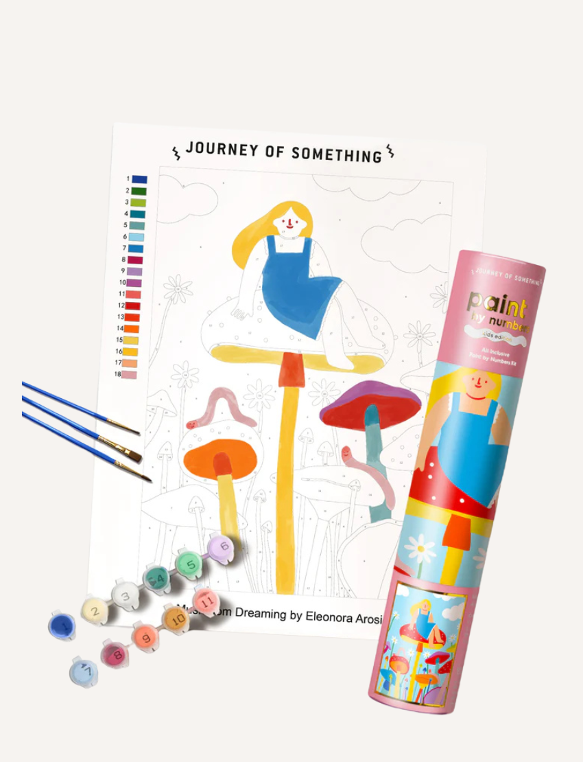 Kids' paint by numbers kit: 'Mushroom Dreaming' by Eleonora Arosi, including canvas and paints.