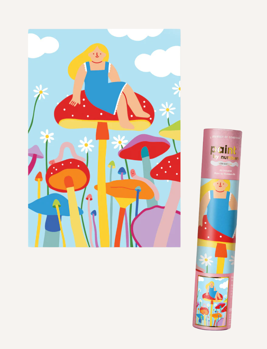 Explore the Kids Paint by Numbers Kit by Journey of Something, designed for children ages 5 to 10. It features a whimsical scene of a girl on a mushroom with vivid colors and includes numbered paints, brushes, and a rolled poster for creative fun.