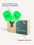 Ollie & Jack LED Pickleball Bat Set in packaging with two glowing paddles and a box.
