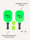 Two green LED pickleball paddles with 'Ollie & Jack' logo, two pickleballs, and charging cables.