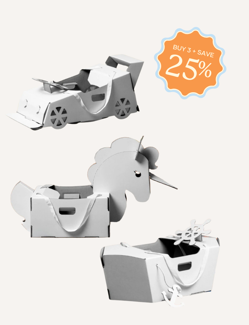 Cardboard craft kits for kids: buildable race car, unicorn, and boat designs for creative play.