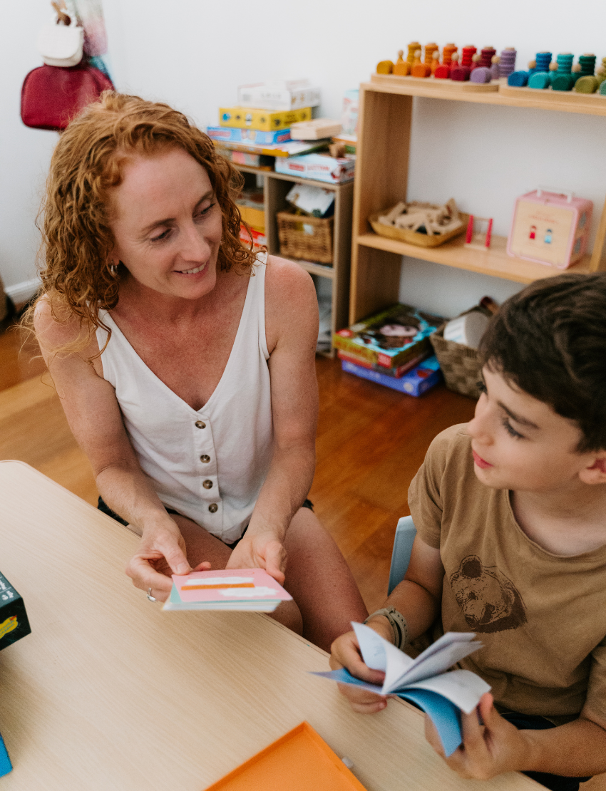 A teal box from The Play Way, called the Language Promotion Program, offers educational materials and board games like "Gnomes at Night," "Link it Up," and "Make 'N' Break." It includes a flyer on a language arts unit to boost language skills with fun activities.