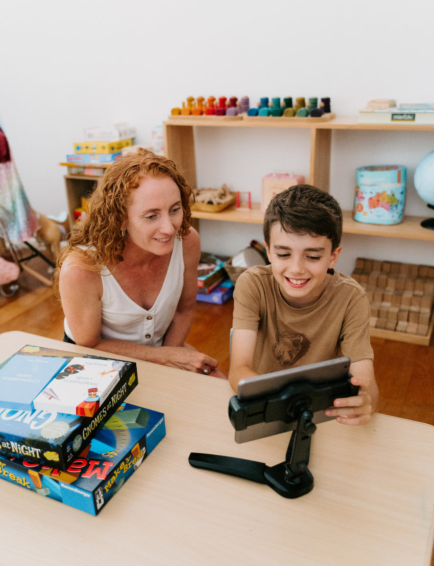 A teal box from The Play Way, called the Language Promotion Program, offers educational materials and board games like "Gnomes at Night," "Link it Up," and "Make 'N' Break." It includes a flyer on a language arts unit to boost language skills with fun activities.