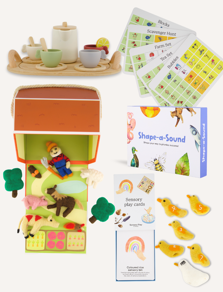 Language and Literacy Professional Development Package: farm toy, sensory play cards, tea set & phonics game.
