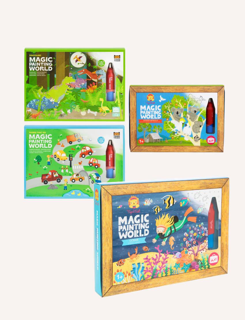 Four Tiger Tribe Magic Painting World kits are available, each with vivid illustrations of dinosaurs, vehicles, jungle animals, and sea life. Each set includes a special brush for easy and portable play.