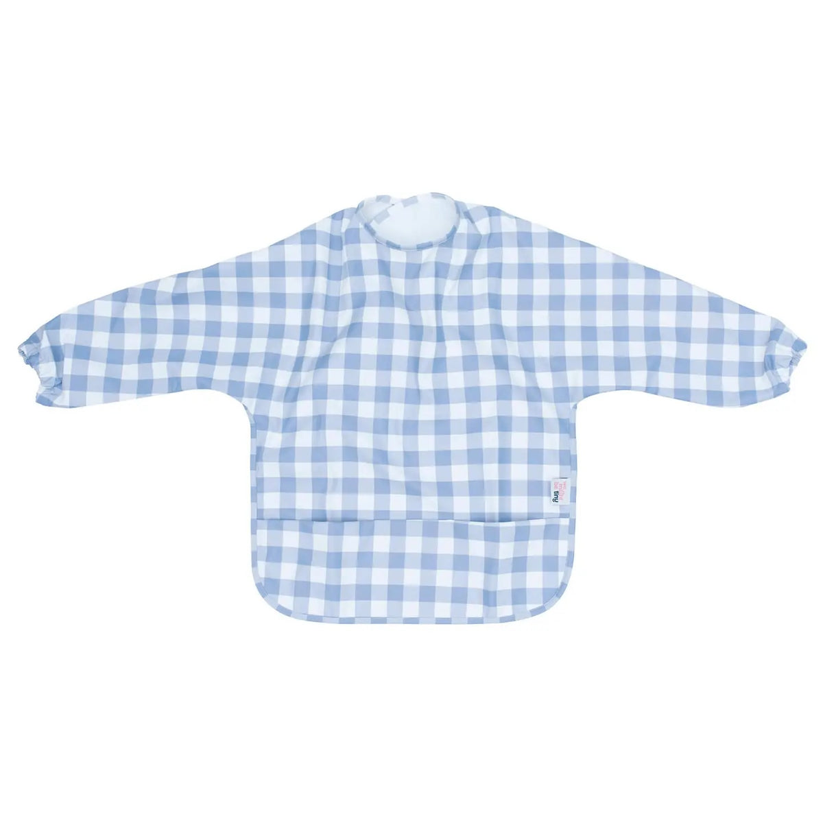 We Might Be Tiny Messie Smock Bib featuring long sleeves and a front pocket in a light blue and white gingham pattern.