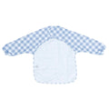 Back view of a light blue and white gingham Messie Smock Bib with long sleeves.