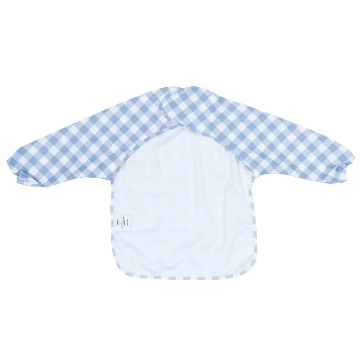 Back view of a light blue and white gingham Messie Smock Bib with long sleeves.