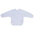 Messie Smock Bib for toddlers featuring a light purple and white vertical stripe pattern and a front pocket.