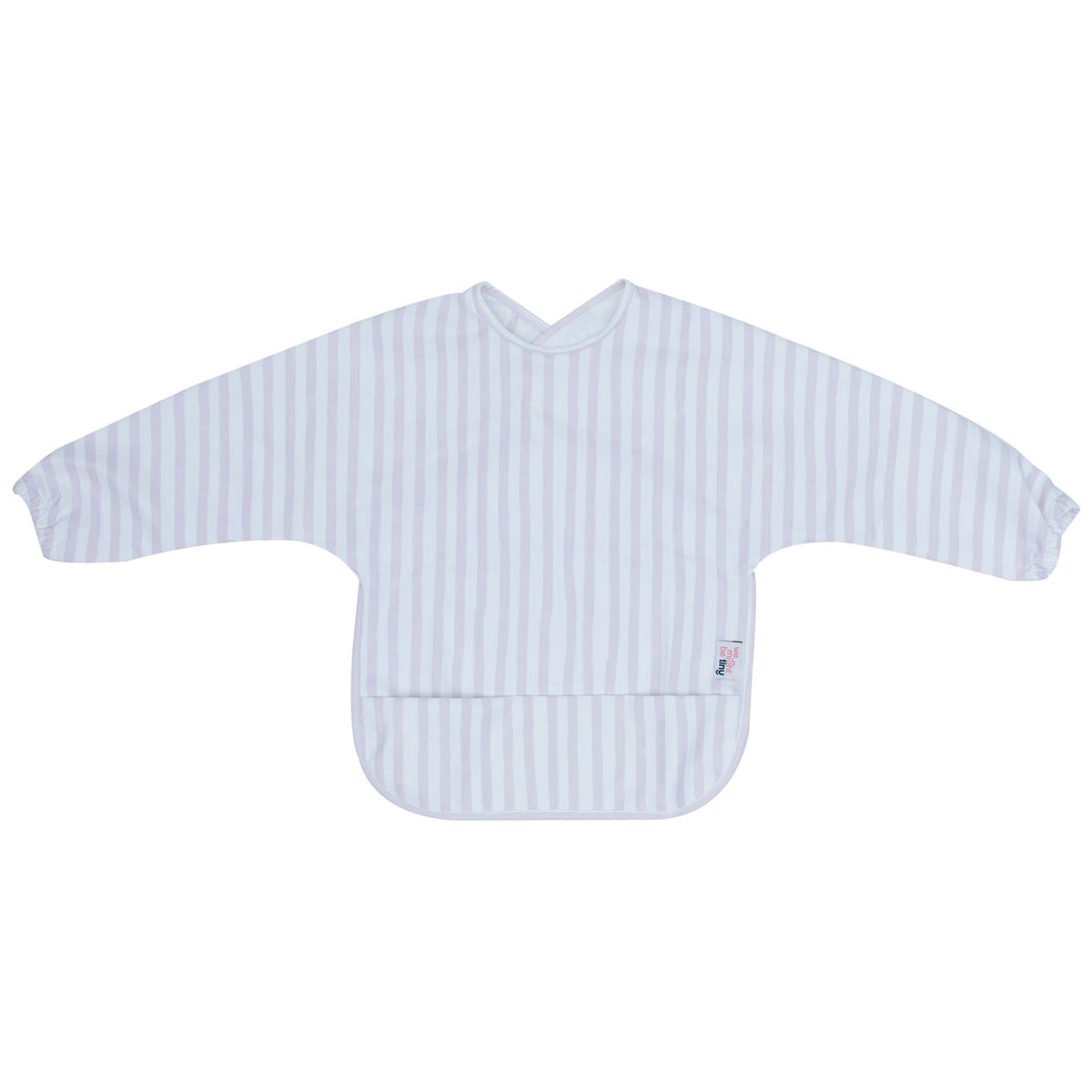 Messie Smock Bib for toddlers featuring a light purple and white vertical stripe pattern and a front pocket.