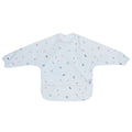 Messie Smock Bib featuring a long-sleeved design with a catch-all pocket and a pattern of small colorful circles and semicircles on a white background.