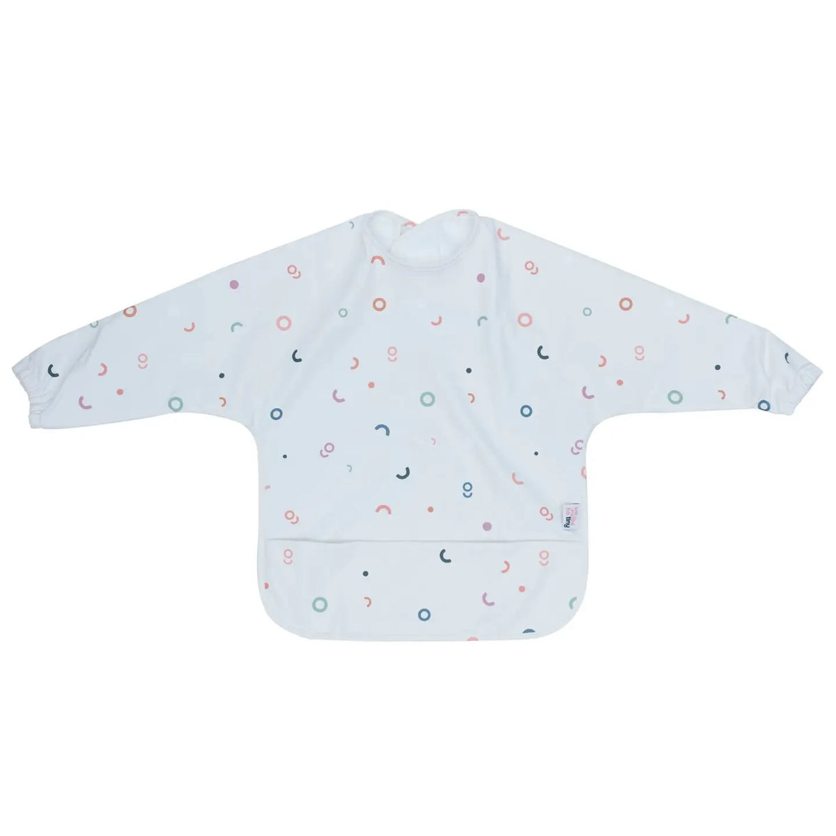 Messie Smock Bib featuring a long-sleeved design with a catch-all pocket and a pattern of small colorful circles and semicircles on a white background.