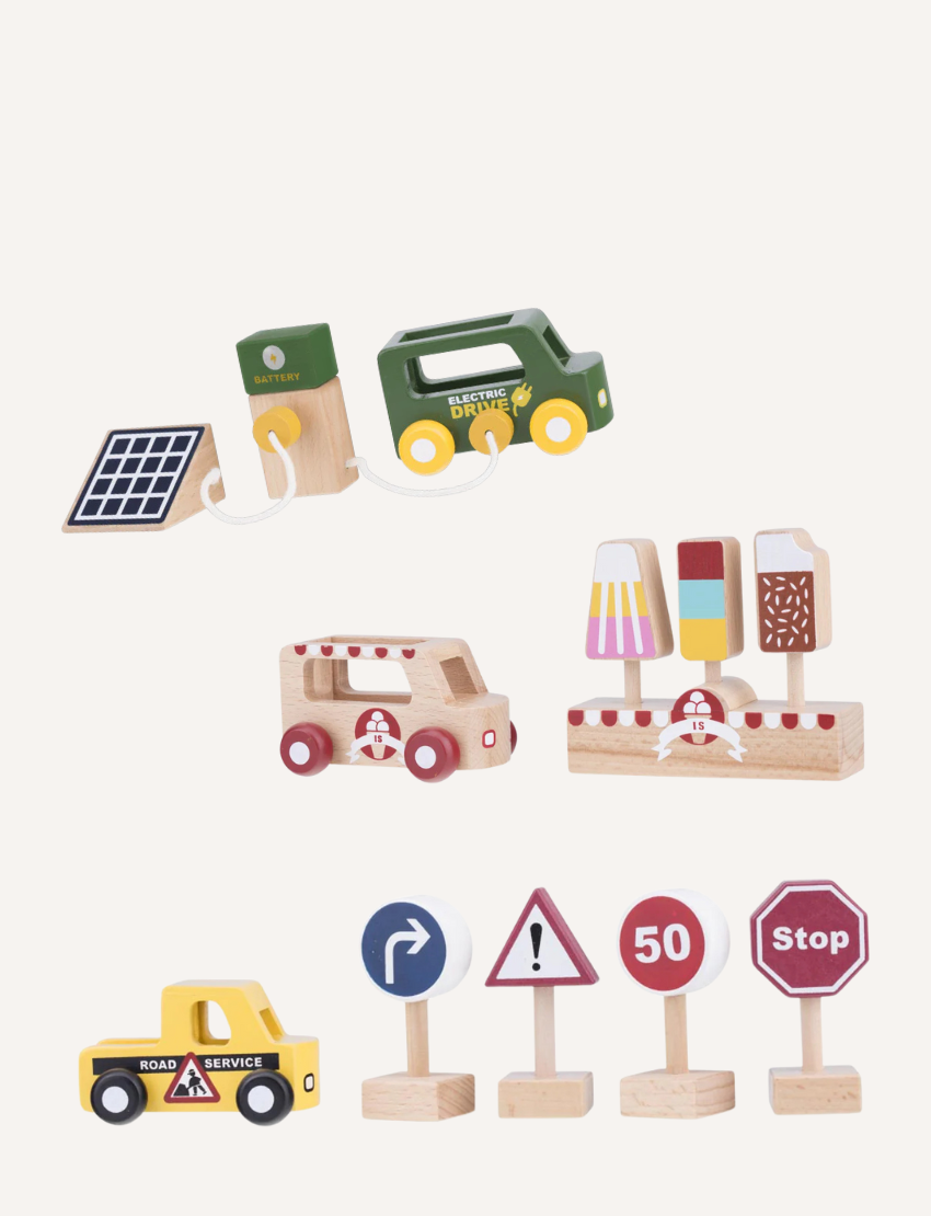 Collection of Moover Danish Design Toys Mini Cars Sets: electric drive, ice cream, and road service with traffic signs.