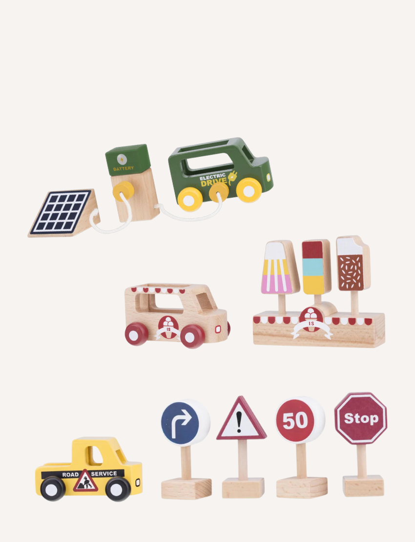 The image showcases Moover's Mini Car Sets, eco-friendly wooden toy vehicles including an electric car with solar panel, food truck, and road service vehicle. Ideal for role play, it also features signs like speed limit, stop sign, and exclamation mark warning.