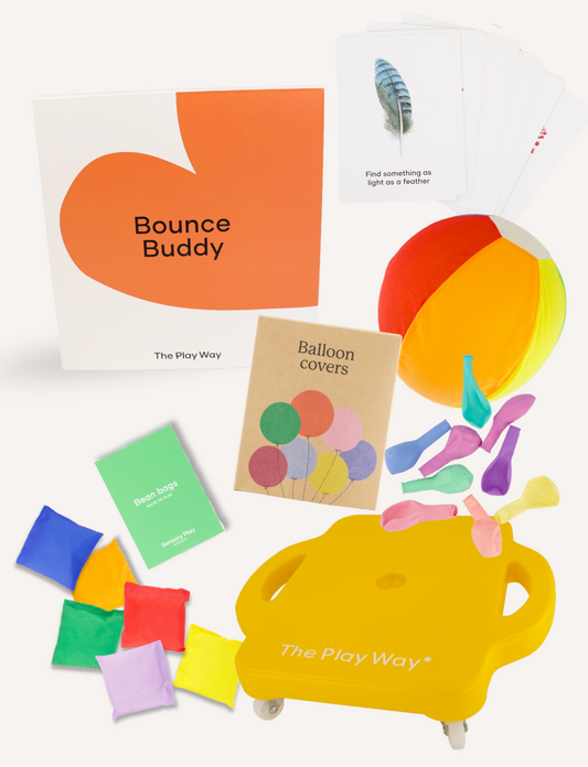 Explore the Motor Skill Professional Development Package by The Play Way, featuring a card set, beach ball, yellow wheeled board, colorful bean bags, and balloon covers—all crafted to enhance gross motor skills in movement-rich environments for engaging early childhood education.