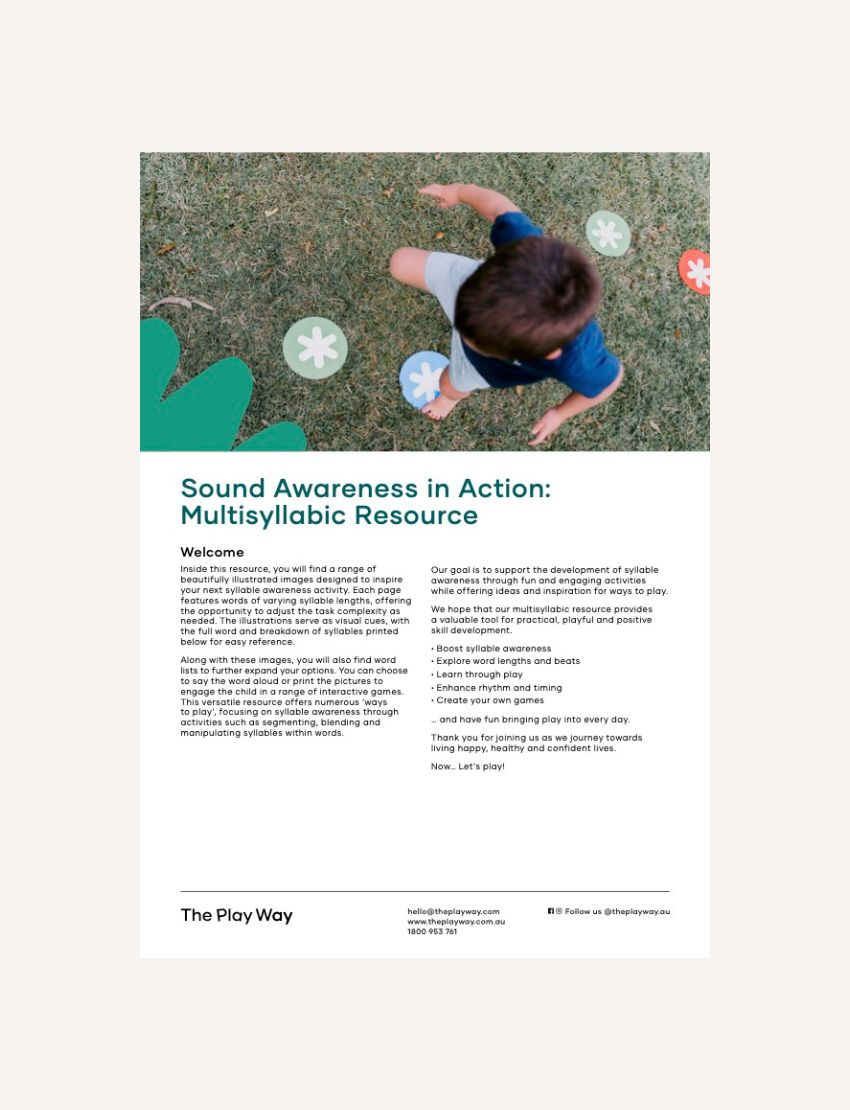 Sound Awareness in Action: Multisyllabic Resource for kids, showing child in grass playing with toys. Fosters language development.