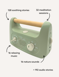 Sage green 'My Little Morphee' sleep aid device with a wooden handle, front view.