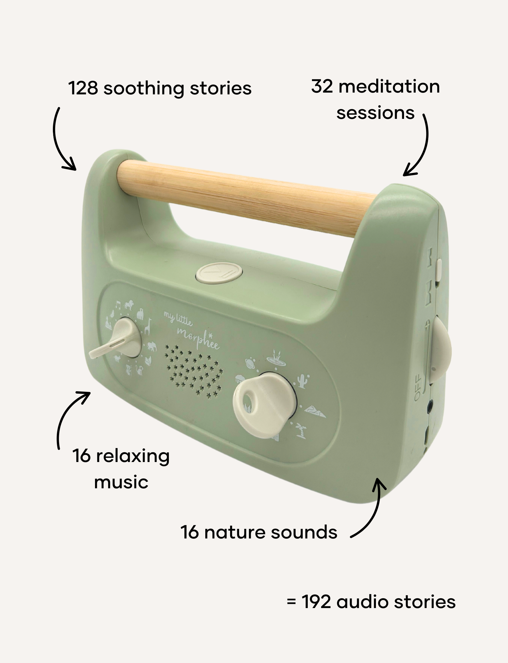 Sage green 'My Little Morphee' sleep aid device with a wooden handle, front view.