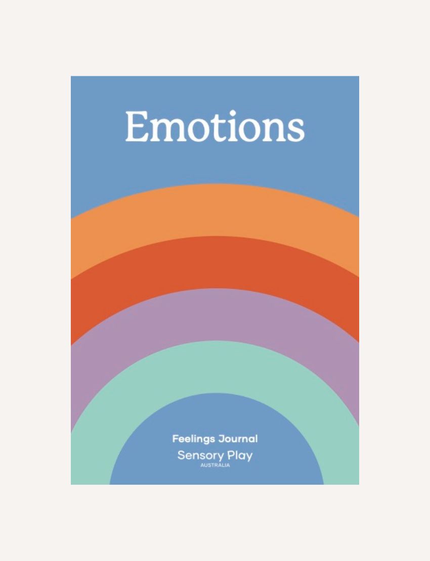 A journal cover titled "Emotions" in white on blue, with orange, red, purple, and teal arches below. Bottom text: "Feelings Journal Digital Resource for emotional literacy – The Play Way.