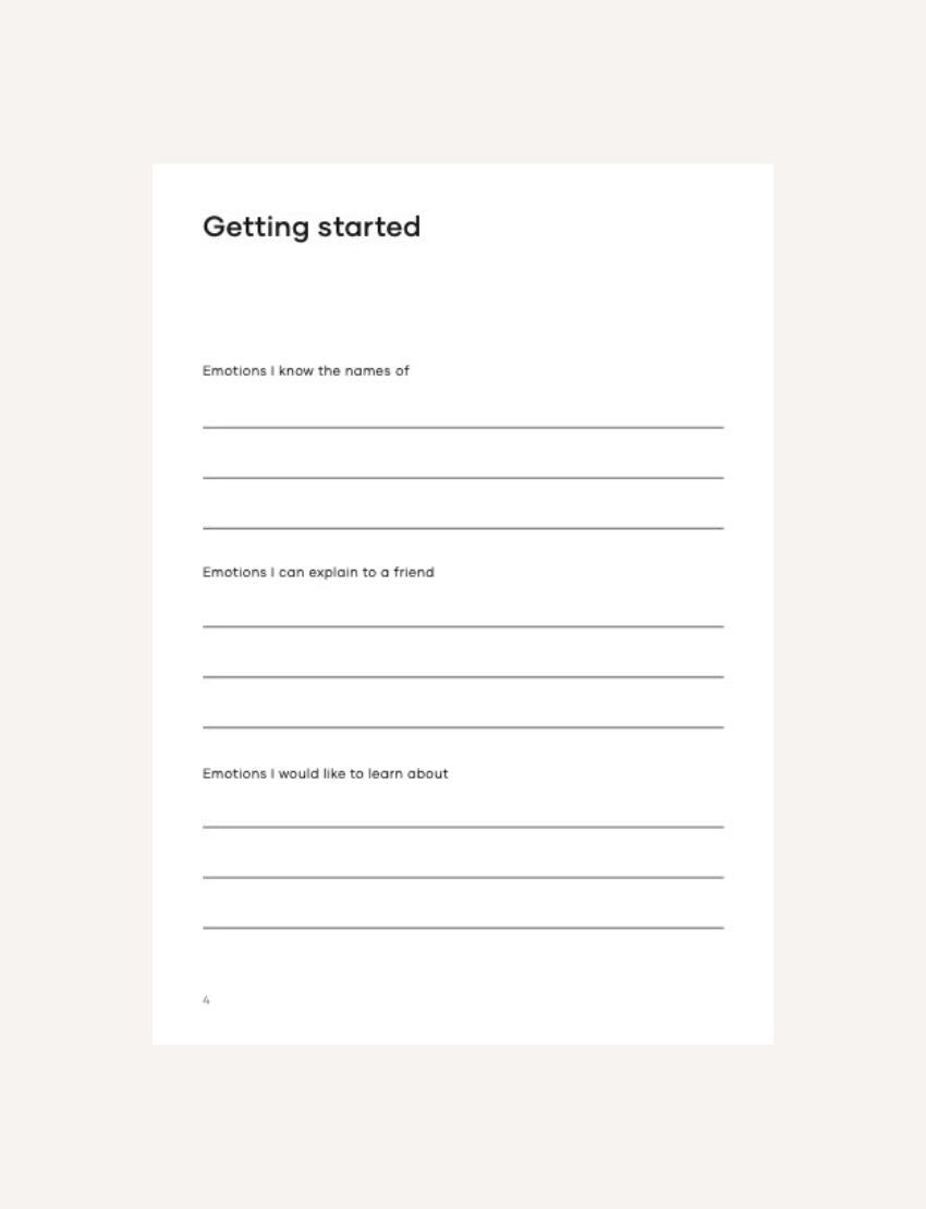 A journal cover titled "Emotions" in white on blue, with orange, red, purple, and teal arches below. Bottom text: "Feelings Journal Digital Resource for emotional literacy – The Play Way.