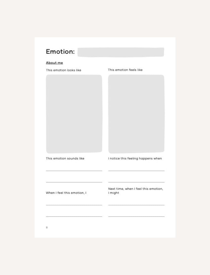 A journal cover titled "Emotions" in white on blue, with orange, red, purple, and teal arches below. Bottom text: "Feelings Journal Digital Resource for emotional literacy – The Play Way.