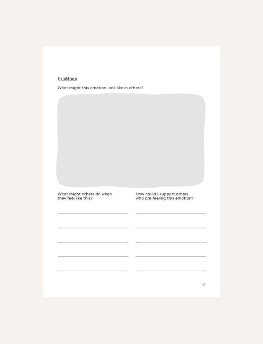 A journal cover titled "Emotions" in white on blue, with orange, red, purple, and teal arches below. Bottom text: "Feelings Journal Digital Resource for emotional literacy – The Play Way.