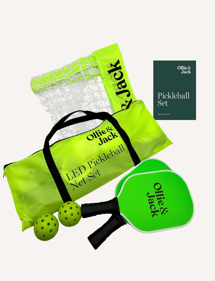 Ollie & Jack LED Pickleball Net Set with paddles and balls for outdoor fun and backyard games.