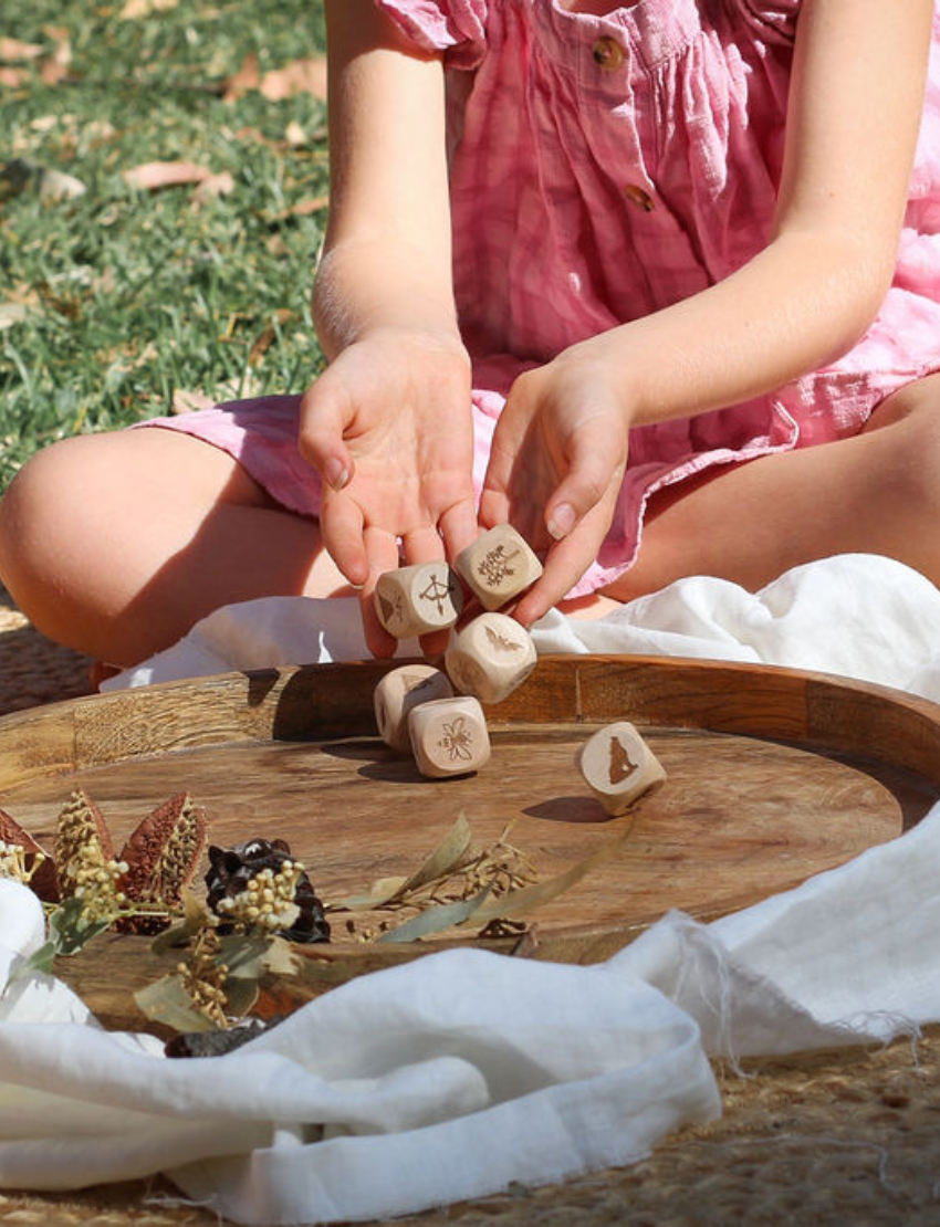 A "Poppy & Daisy" drawstring bag is open, showcasing Nature Story Cubes and an instruction booklet. Each wooden cube features a unique engraved image, such as a bee, footprint, and squirrel.