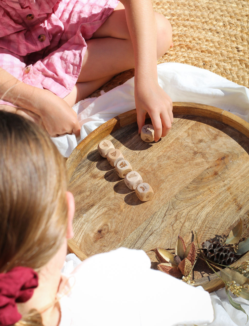 A "Poppy & Daisy" drawstring bag is open, showcasing Nature Story Cubes and an instruction booklet. Each wooden cube features a unique engraved image, such as a bee, footprint, and squirrel.