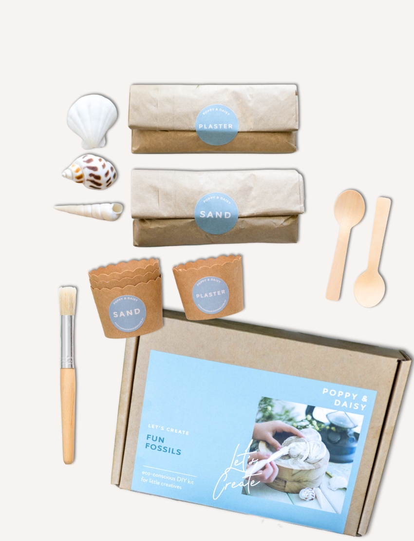 The Play Way 'Let's Create Fun Fossils' DIY kit components: sand, plaster, shells, and tools for unearthing ancient treasures.