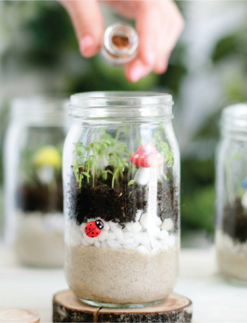 A hand is pouring soil into a Mini Garden by Poppy & Daisy. The glass jar terrarium contains layers of sand, rocks, soil, and small green plants, with a decorative mushroom and ladybug inside. Other similar Mini Gardens can be seen in the background.