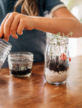 A hand is pouring soil into a Mini Garden by Poppy & Daisy. The glass jar terrarium contains layers of sand, rocks, soil, and small green plants, with a decorative mushroom and ladybug inside. Other similar Mini Gardens can be seen in the background.