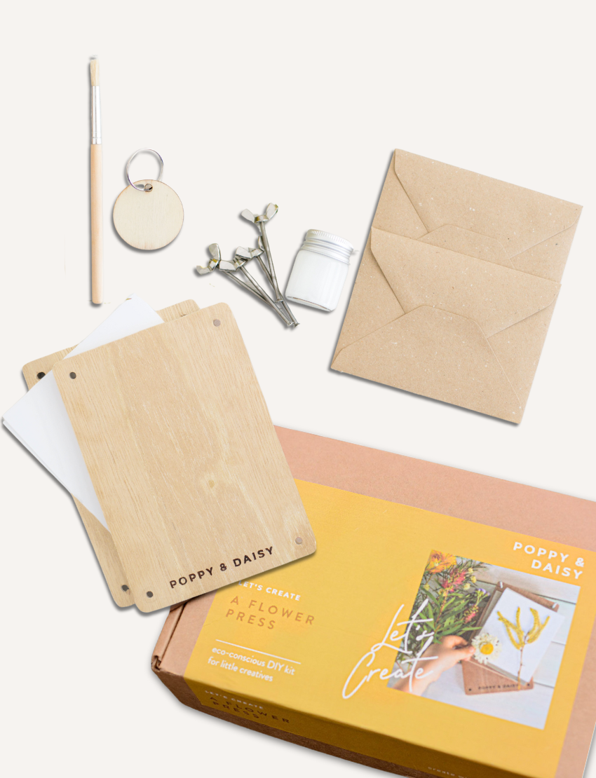 Poppy & Daisy 'Let's Create a Flower Press' DIY kit with wooden press, brush, and envelopes.