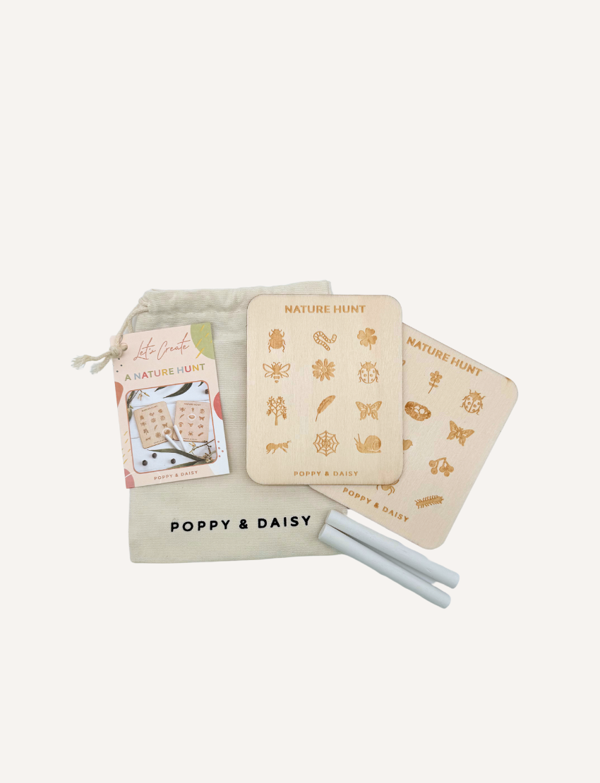 Poppy & Daisy Nature Hunt activity kit with wooden boards, chalk, and cotton drawstring bag.