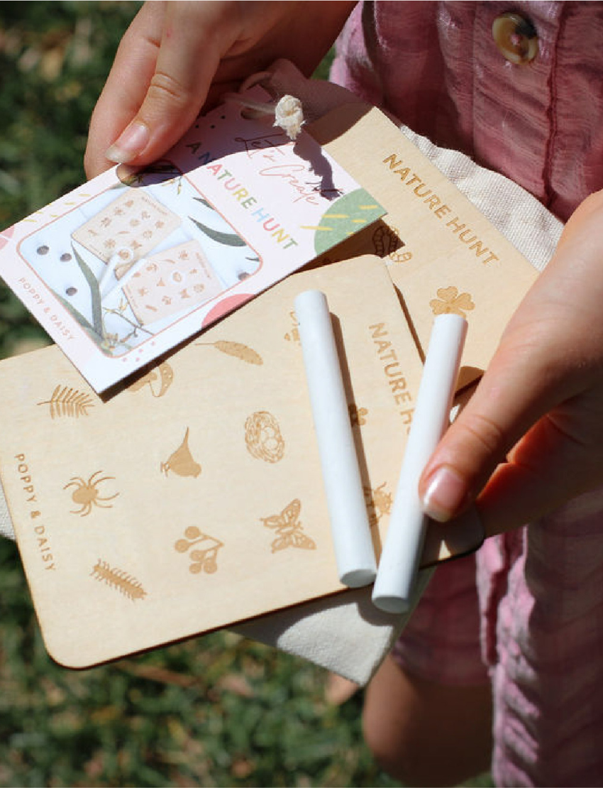 A person is holding a collection of nature-themed cards from Poppy & Daisy's "Nature Hunt" set, which includes sketches of insects and plants. Accompanying the cards are two pieces of white chalk and a fabric pouch, all set against a grassy background.