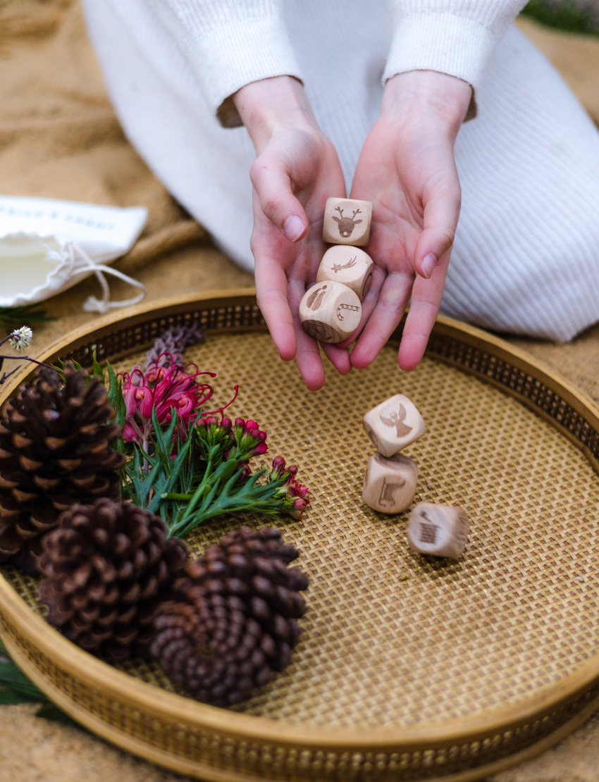 A person wearing a white sweater holds five wooden Christmas Story Cubes by Poppy & Daisy, each displaying different nature-themed images, above a round woven tray. The tray is filled with pinecones and red flowers, set on a sandy surface.