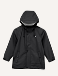 A Play Jacket - Black from Cry Wolf is featured from the back. The jacket includes a hood, long sleeves, and elastic cuffs, with 