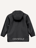 Check out Cry Wolf's Play Jacket in black: a waterproof raincoat with a hood, button-up front, and two front pockets with button closures. It features an adjustable hood drawstring and a light gray lining for added comfort—ideal for all weather adventures.