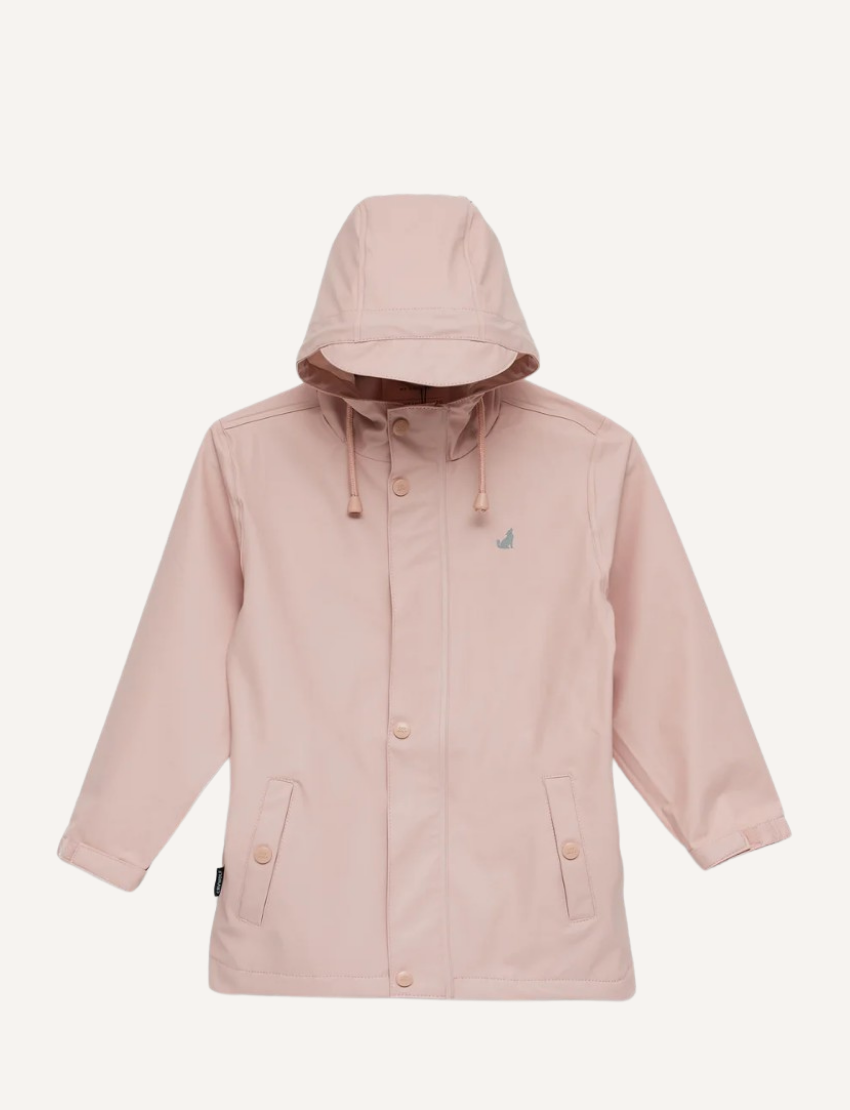 The Play Jacket - Dusty Pink by Cry Wolf is an eco-friendly raincoat featuring long sleeves, a buttoned front, two pockets, and a small embroidered logo on the upper left chest.