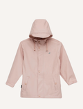 The Play Jacket - Dusty Pink by Cry Wolf is an eco-friendly raincoat featuring long sleeves, a buttoned front, two pockets, and a small embroidered logo on the upper left chest.