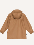 The Cry Wolf Play Jacket in tan is a waterproof hooded raincoat made from eco-friendly, recycled materials. It features a buttoned and zippered front, two flap-front pockets, elastic-cuffed long sleeves for comfort, and a small chest logo.