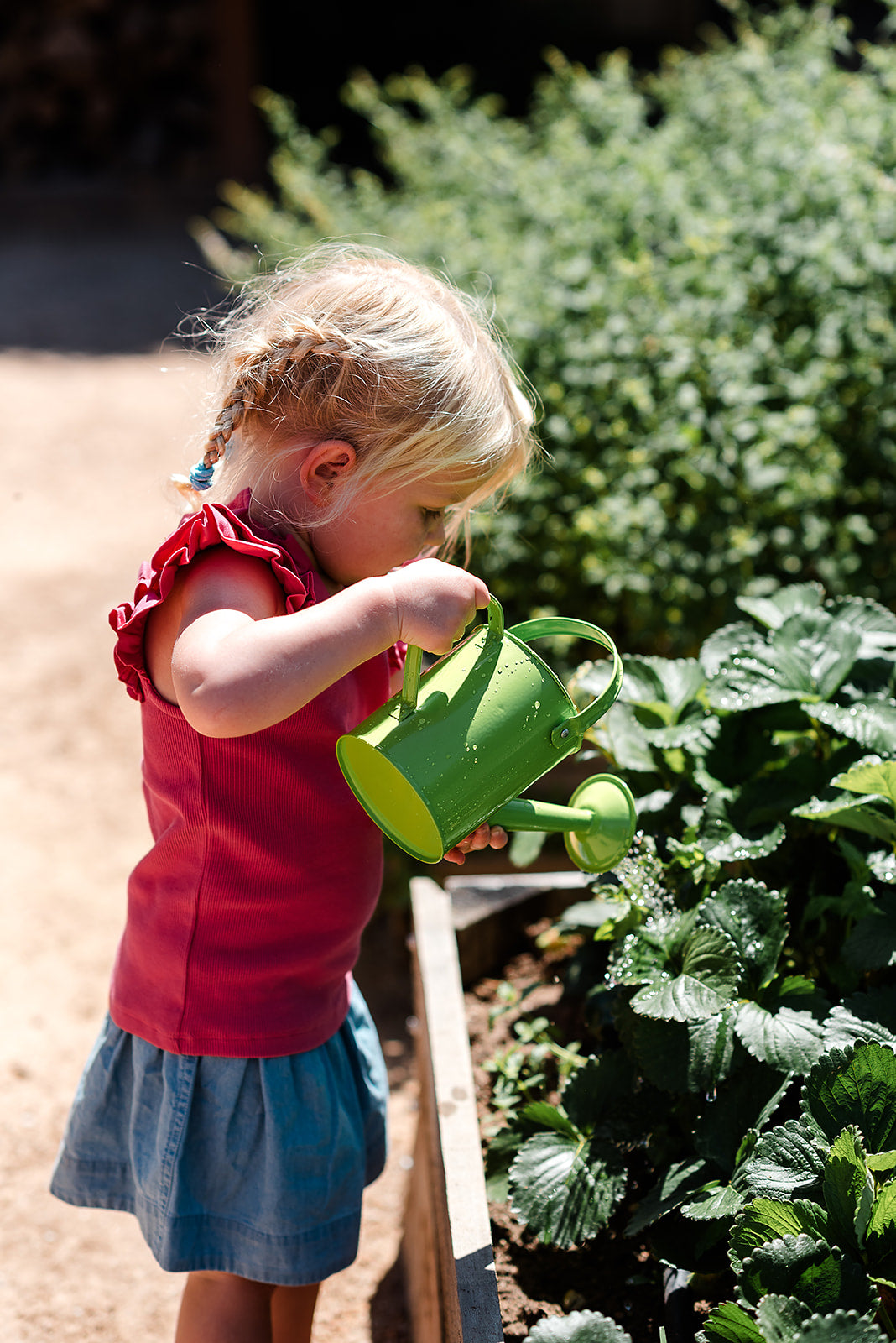The EverEarth Outdoor Gardening Bag With Tools is a green set ideal for children's outdoor play, featuring a watering can, spade, trowel, and small fork with wooden handles. These tools are neatly displayed in front of a canvas tote decorated with green polka dots and multiple pockets.