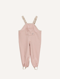 This image shows the back view of the Cry Wolf Rain Overalls in Dusty Pink, designed for children aged 3 years. The overalls feature elasticated cuffs at the ankles and adjustable shoulder straps with the brand's name printed on them. The words 