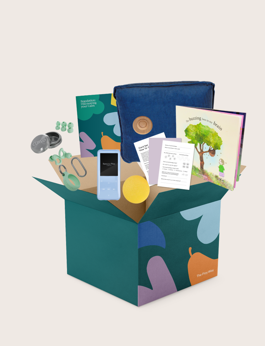 The Regulation: Discovering your Calm Program by Therapy At Home features a teal box with colorful shapes, a blue bag, children’s book, regulation cards, yellow ball, toy phone, pacifiers, bottle nipples, and gray pacifier holder on a light background.
