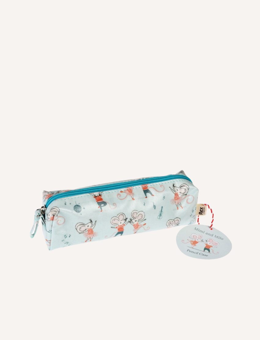 Rex London 'Mimi and Milo' pencil case with a light blue background and dancing mouse illustrations. Blue zip.