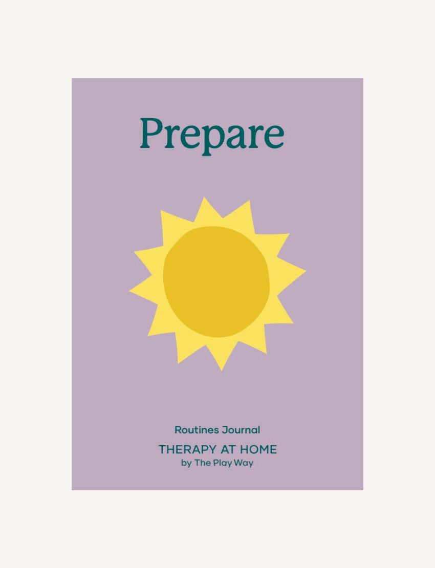 A purple journal cover features a yellow sun in the center, "Prepare" at the top, and "Develop Routines Journal Digital Resource, THERAPY AT HOME by The Play Way" at the bottom—perfect for hands-on learning.