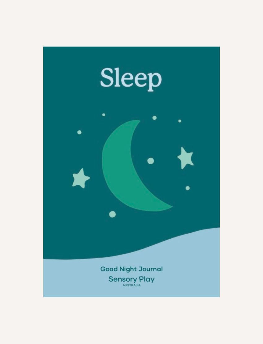 Sleep journal cover: A calming teal design with a crescent moon and stars, titled 'Sleep: Good Night Journal'.