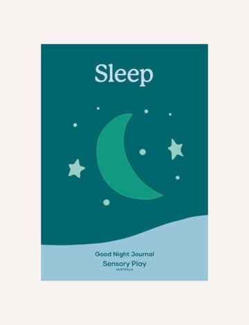 The Sleep Journal Digital Resource by The Play Way features a crescent moon and stars on a teal and light blue cover—ideal for supporting restful sleep and bedtime routines.