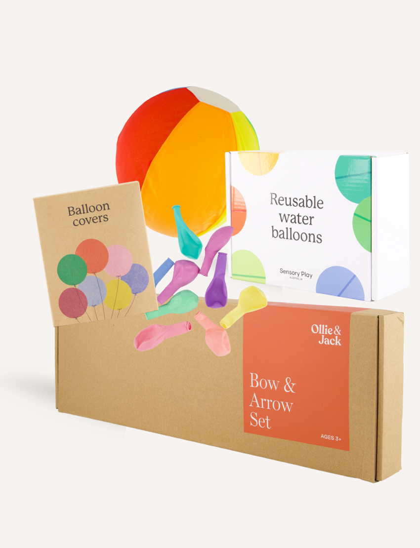 A white rectangular box with colorful circles features the text "Reusable Water Balloons" prominently. The eco-friendly package by Sensory Play Australia is set against a simple, light background.