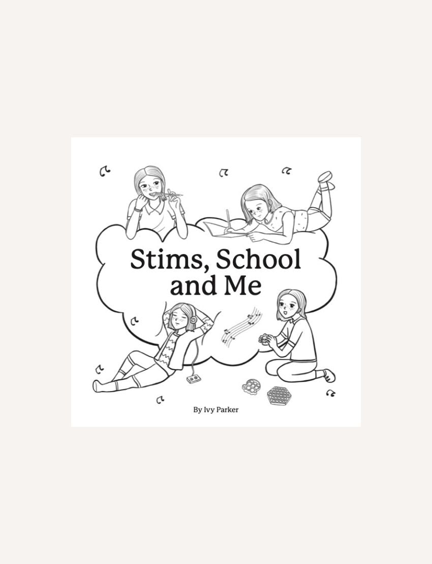 Illustration from 'Stims, School and Me' coloring book, showing girls engaged in different activities. Themed coloring.